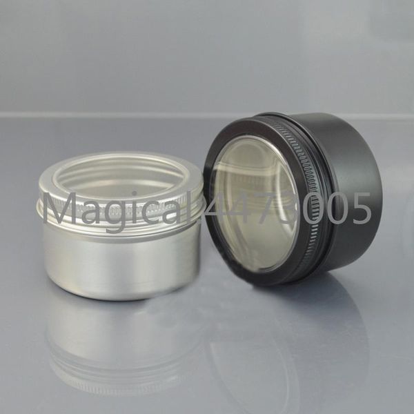 

100g ml refillable bottle silver empty round aluminum tin bottle with window lids,skylight black cream box aluminum jar