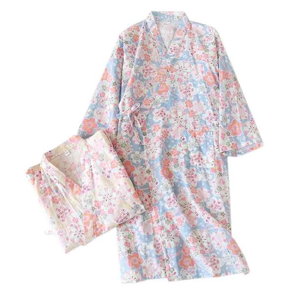 Abiti kimono freschi donne 100% garza di cotone dolce cartone animato manica lunga abito giapponese accogliente accappatoi kimono estivi donna 210901