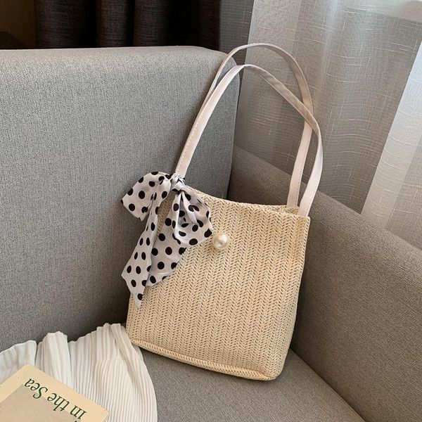 

evening bags shoulder woven bag female lace point bow ribbon tote large capacity bucket handbag summer women 2021 korean wholesale