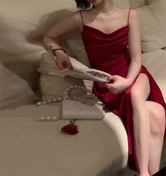 

casual dresses lmq sleeveless woman a snug sling split shoulder dressed skinny high-quality satin skirt holiday party selling f2rs, Black;gray