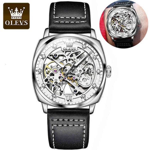 

watches mechanical olevs fully men automatic luxury steampunk hollow out perspective waterproof leather reloj hombre, Slivery;brown