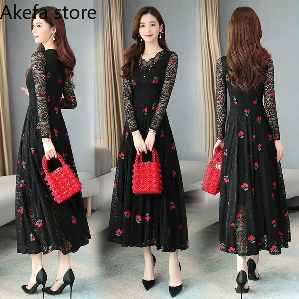 

casual dresses stitching mesh embroidered lace dress women hollow out large hem maxi elegant wedding party a-line vestido de mujer, Black;gray
