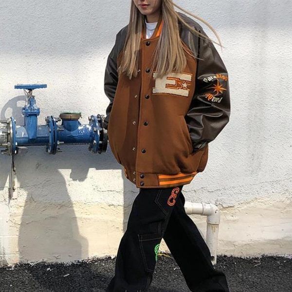 

women's jackets autumn pu patchwork embroidery jacket women 2021 streetwear loose long sleeve coat female plus size baseball bomber, Black;brown