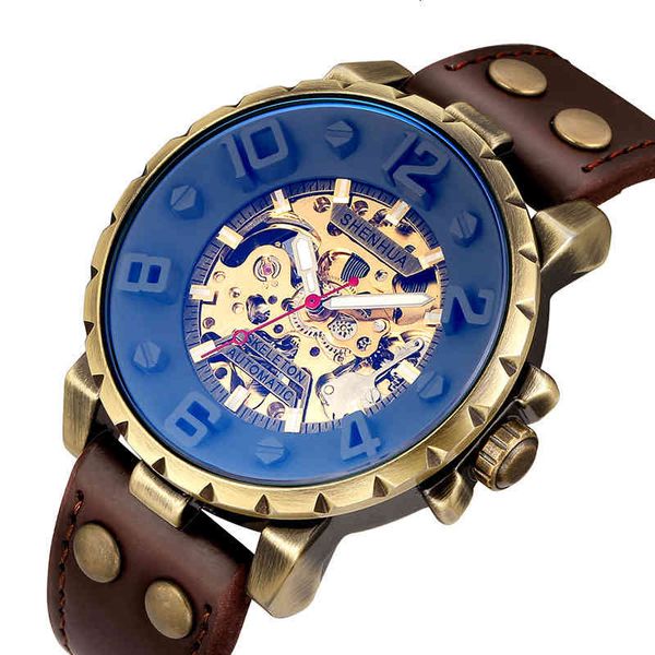 

men mechanical watches vintage skeleton arabic automatic sports classic leather strap brand luxury, Slivery;brown