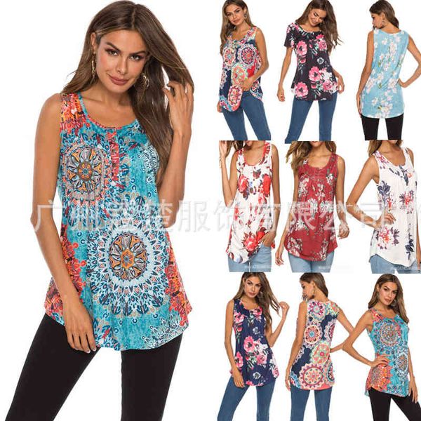 

2021 summer new print button v-neck svels vt casual t-shirt, White