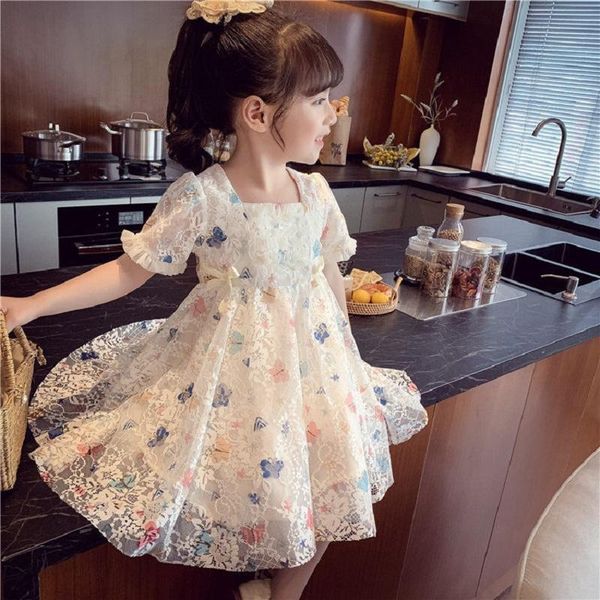 

girl's dresses summer 2021 arrivals girls short puff sleeve lace print butterfly bow cute princess pompous dress 18m-6t, Red;yellow