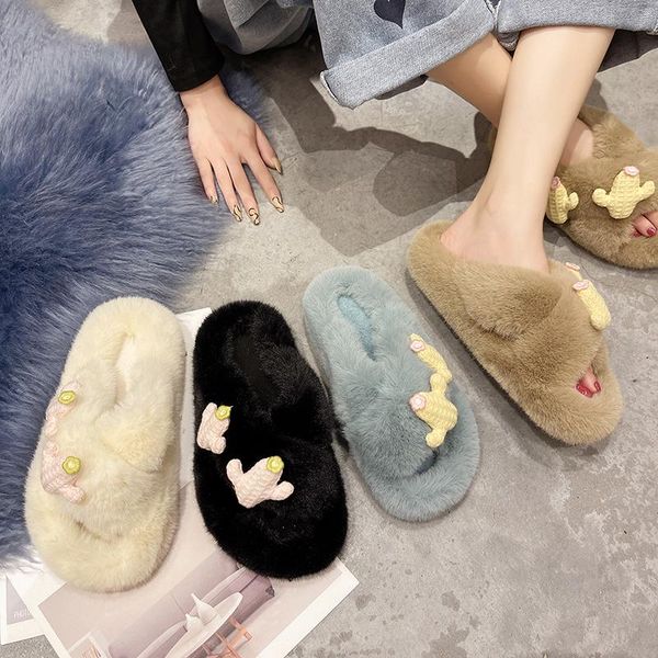 

slippers fur shoes woman's flock platform slides fashion med plush 2021 luxury flat basic rubber with rome short ca, Black