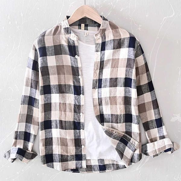 

men's casual shirts 2021 long sleeve pure linen plaid stand collar summer shirt men brown blue fashion full male, White;black