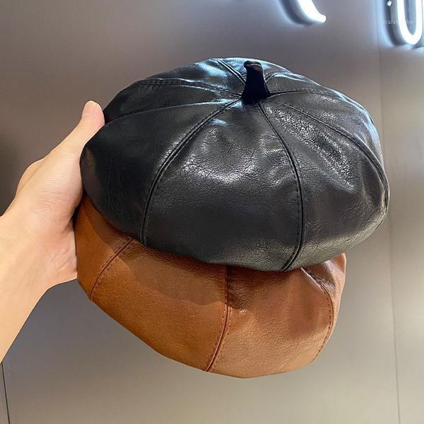

berets 2021pu leather hat wild beret woman british retro octagonal street fashion, Blue;gray
