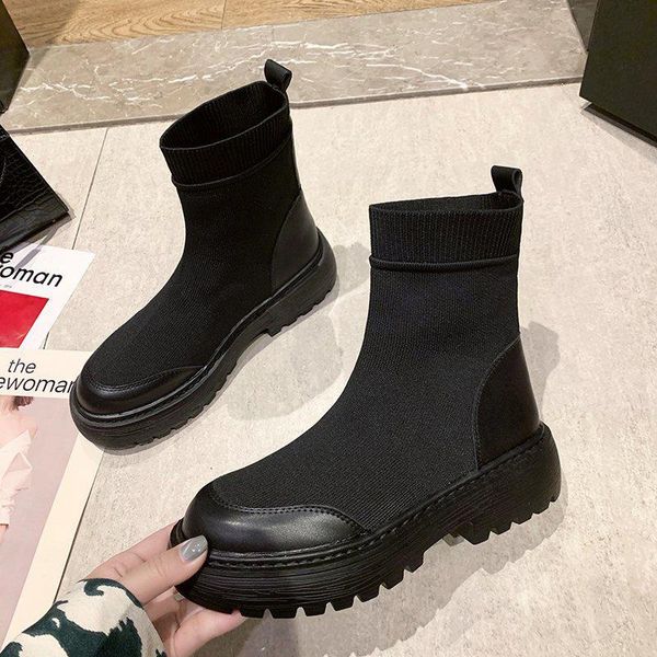 

boots round head pu leather knitted fabric stitching platform breathable ankle socks 2021 casual fashion women, Black