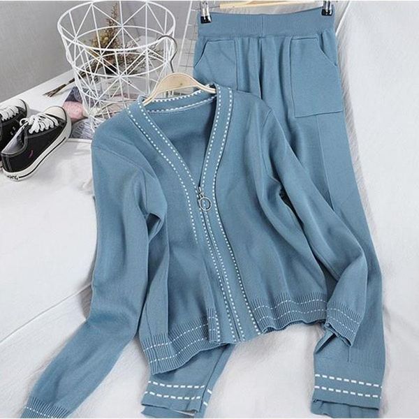 

women's two piece pants autumn solid color loose slim v-neck casual knitwear high waist all-match knit long two-piece set womens tracks, White