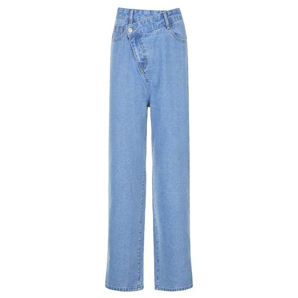 

women's jeans onebling irregular high waist denim pants spring autumn washed blue casual split hem straight women 2021