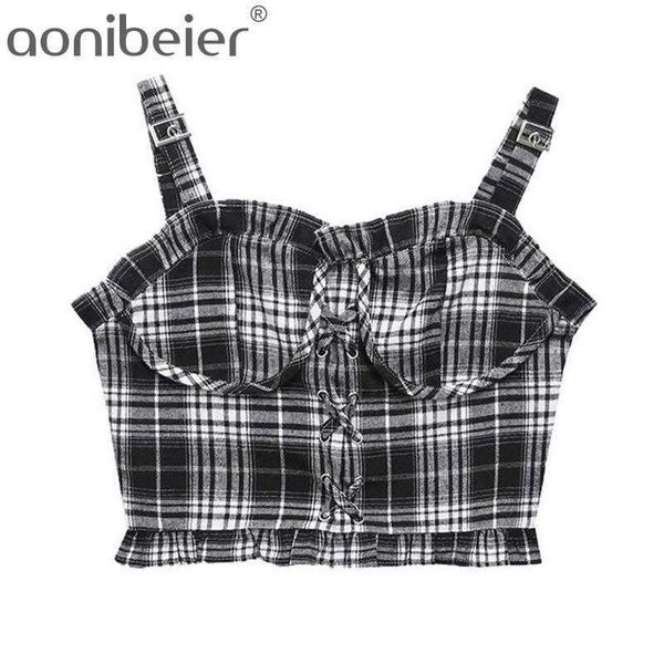 Schwarz Weiß Plaid Camisole Korsett Bustier Sommer Mode Schnalle Riemen Öse Schnür Rüschen Cami Crop Tops 210604