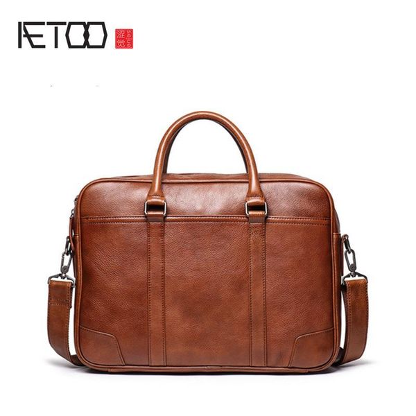 

HBP AETOO Men's Bags Fashion Leather Handbag, Plant Briefcase, Large-capacity Computer Bag, Cowhide brown Shoulder Slant Bag.