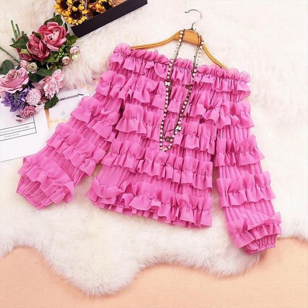 

autumn chic long sleeve solid women shirt chiffon korean slash neck off shoulder ruffles shirts eleagnt blusas mujer, White
