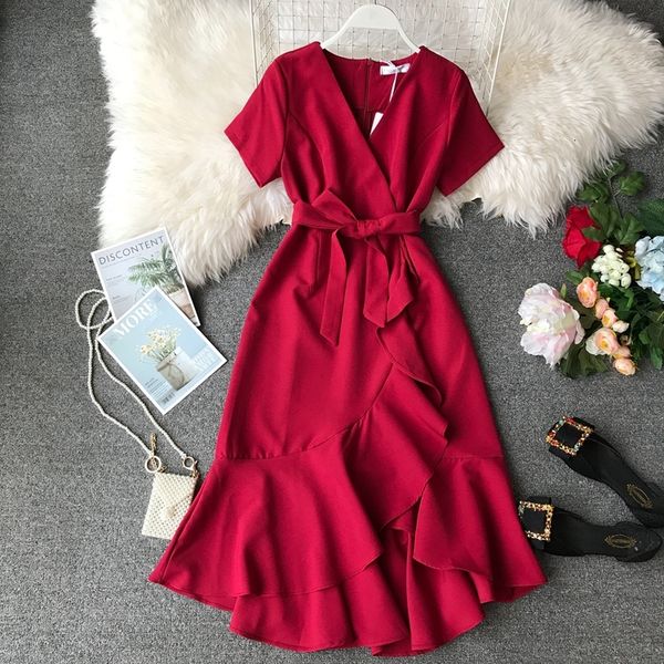 

2021 summer irregular es women short sleeve v neck slim bandage woman casual lotus leaf long robe 0vpc, Black;gray