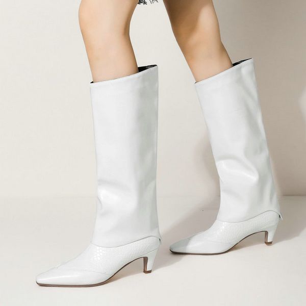 

boots brand designer faux leather knee women fashion square toe bomb ladies autumn winter new set foot high white htpa, Black