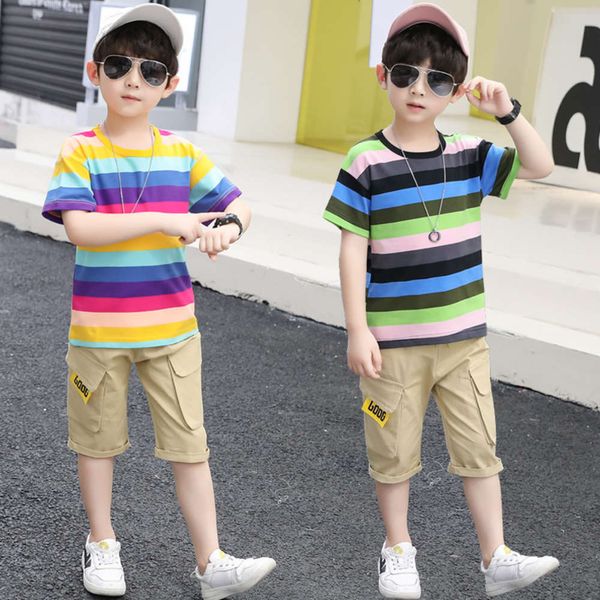 

2021 summer wear children's new suit short sve medium and large boys' casual foreign sle striped two piece set, White