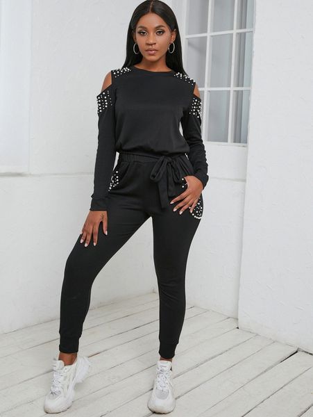 

sxy cold shoulder pearls sweatshirt & sweatpants 05lu#, White