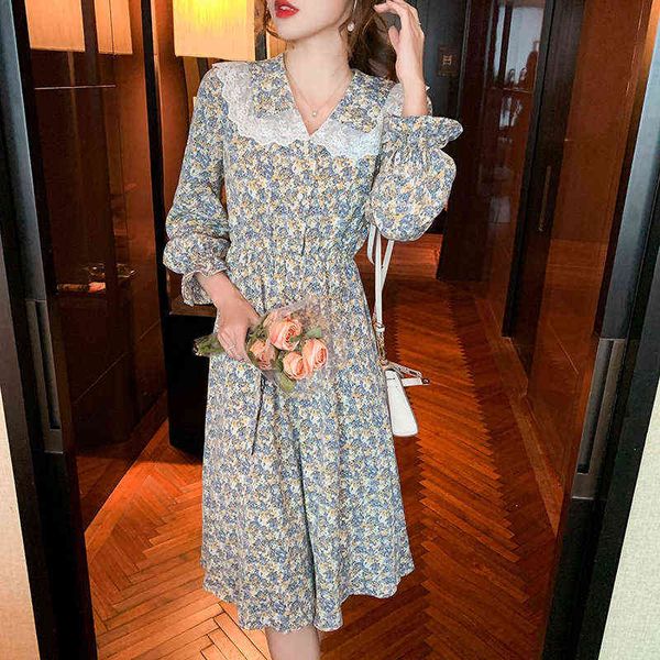 

woman casual dresses 2022 early spring baby collar chiffon dr's french small man aging thin lace floral skirt, Black;gray