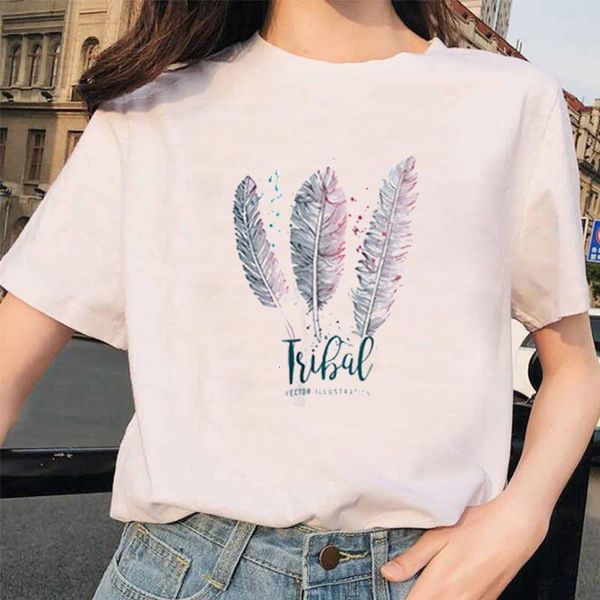 

summer feather printed for women harajuku style thin section t shirt funny graphic printed tshirt fashion female t-shirts, White