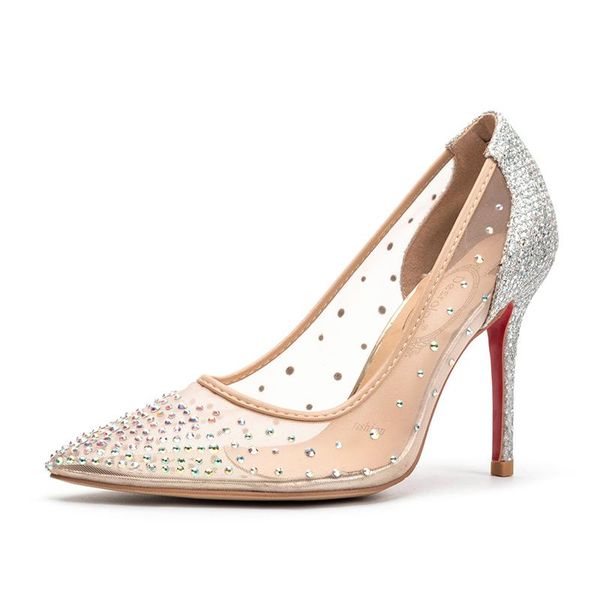 

dress shoes 2021 mesh rhinestones pointed toe single women shallow mouth stiletto lace nude color crystal wedding high heels, Black