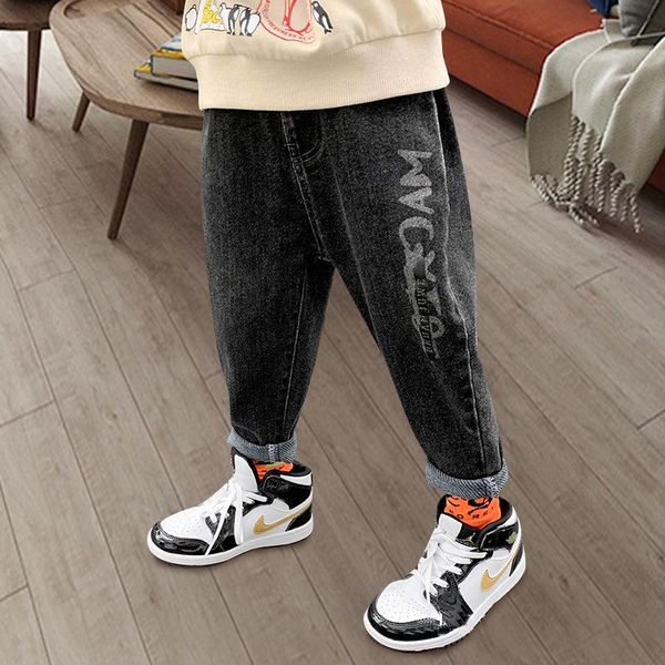 

spring black denim pants fashion letter printed autumn winter plus velvet thick school children's clothes classic boys jeans, Blue