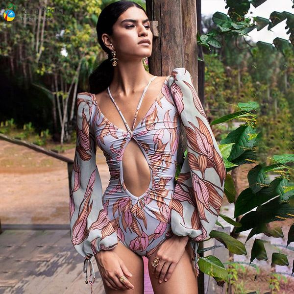 

para praia long sleeve one piece swimsuit women swimwear monokini puff sleeve swimsuit hollow out bathing suit bodysuit s-2xl