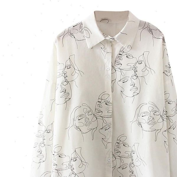 

fashion womens long sleeve anime face print shirt simple solid color casual turn down colla loose travel long sleeve, White