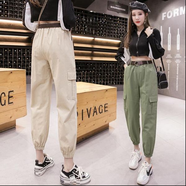 

women cargo pants 2021 spring summer fashion female high waist loose harem pant pocket casual trousers streetwear with belt, Black;white