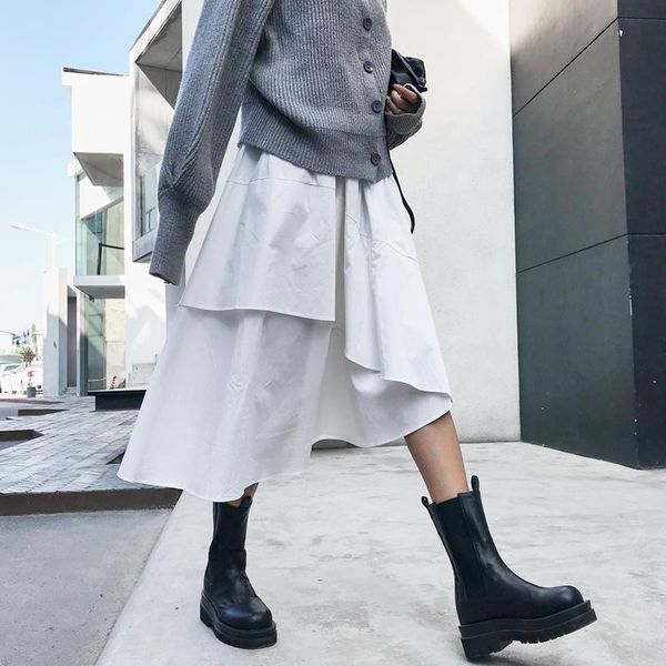 

2021 new plain white irregular double-layers midi skirts womens streetwear solid casual loose elastic high waist ruffles skirt, Black