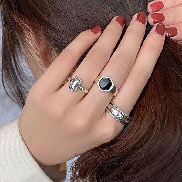 

cluster rings minimalist 925 sterling silver party fashion creative black stone geometric elegant bride jewelry for women, Golden;silver