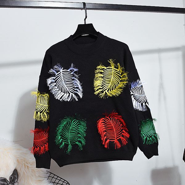 

female 2021 autumn winter black knitting suit tassel embroidery loose knitted sweater long pencil pants women two piece set eo0n, Blue