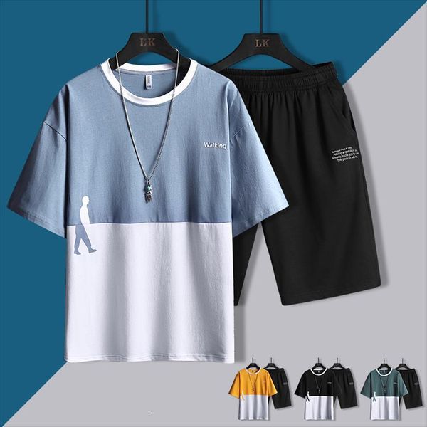 

summer shorts sets male casual mens tracksuit wolkman patchwork loose clothing short sleeve 2pcs sports wear, Gray