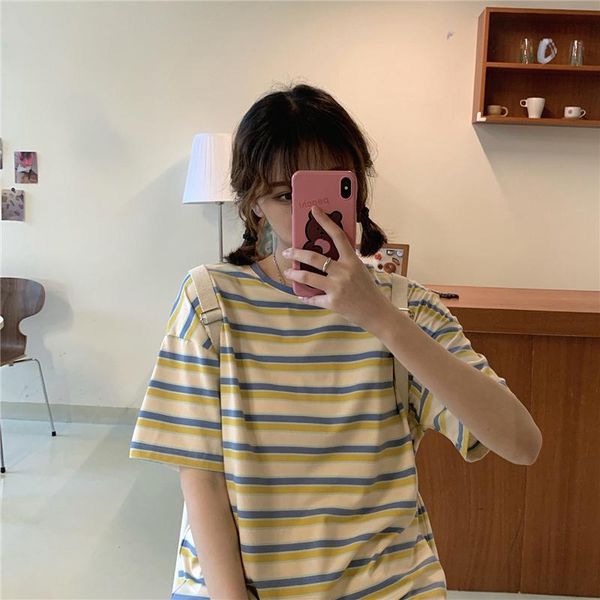

women's t-shirt loose vintage colorful striped casual basic street short sleeve 2021 spring fashion women female t-shirts, White