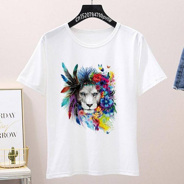 

female wolf tiger lion feather white t-shirt harajuku graphic t-shirt casual animal female t-shirt streetwear drop shipping