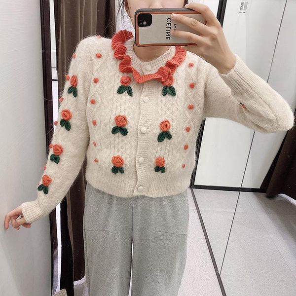 

2021 women 3d flower embroidery knitted sweater single breasted decorative sweater o-neck cardigan casual knitted, White