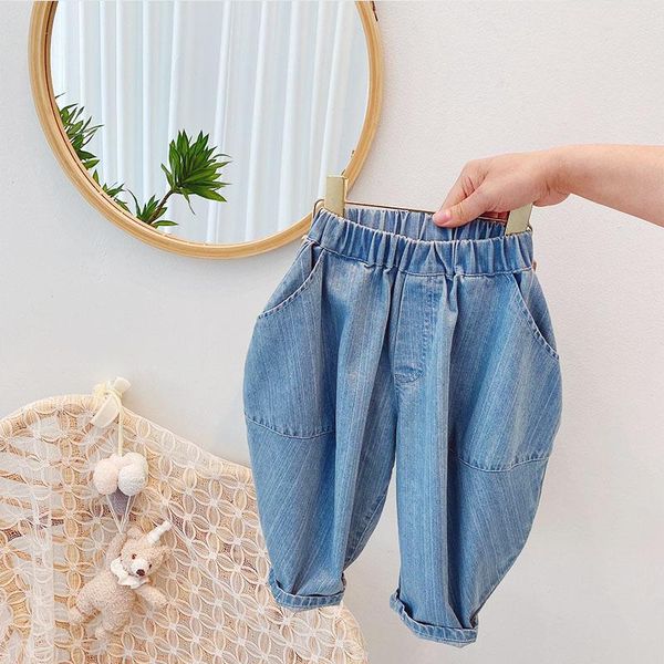 

children kids denim solid high waist harem pants girls casual full length loose jeans trousers, Blue