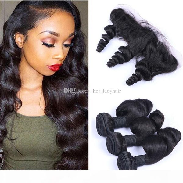 

8a grade malaysian virgin hair with 13*4 closure ear to ear lace frontal with bundles loose wave human hair weaves and frontals, Black