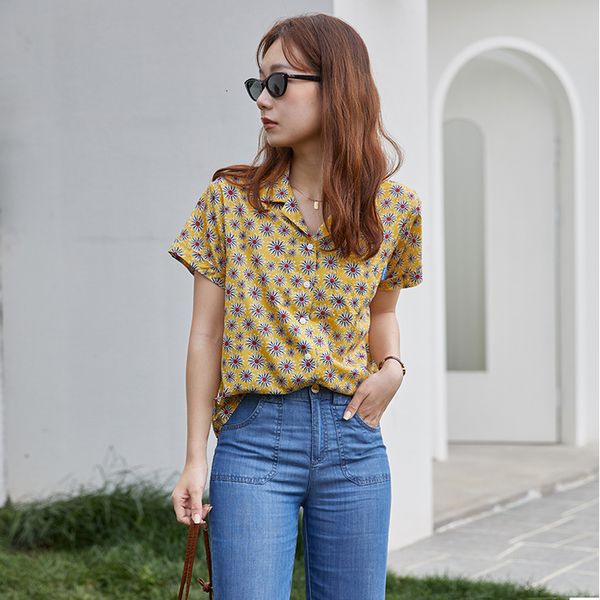 

2021 new yellow women short sleeve blouse summer shirt casual lapel floral ladies korean fashion clothing 113l, White