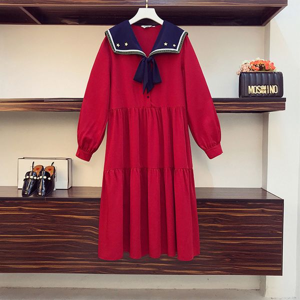 

plus female size marine embroidered sweet red dress party 2021 long fall lapel sleeve vintage loose clothing tlqa, White