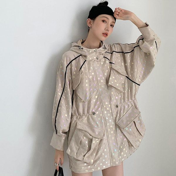 

women dot drawstring spliced jacket long sleeve loose fit spring autumn 2021 new apricot oversized hooded big pocket coat female, Black;brown