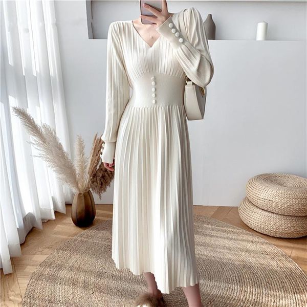

casual dresses autumn winter v neck knitted elegant solid color high waist long sleeve women's a-line sweater dress 2021, Black;gray