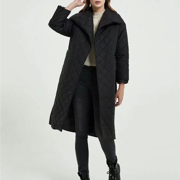 

women winter coat plaid long jackets warm parkas female solid oversize thick casual outwear women clothing vintage jacket ll240 ffle, Black