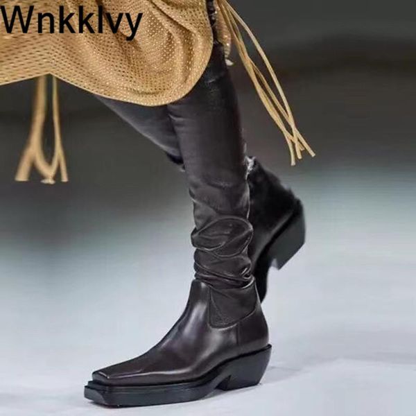 

boots chunky mid heel over the knee woman spaure toe stretch long booties winter elastic thigh high runway desgin shoes, Black