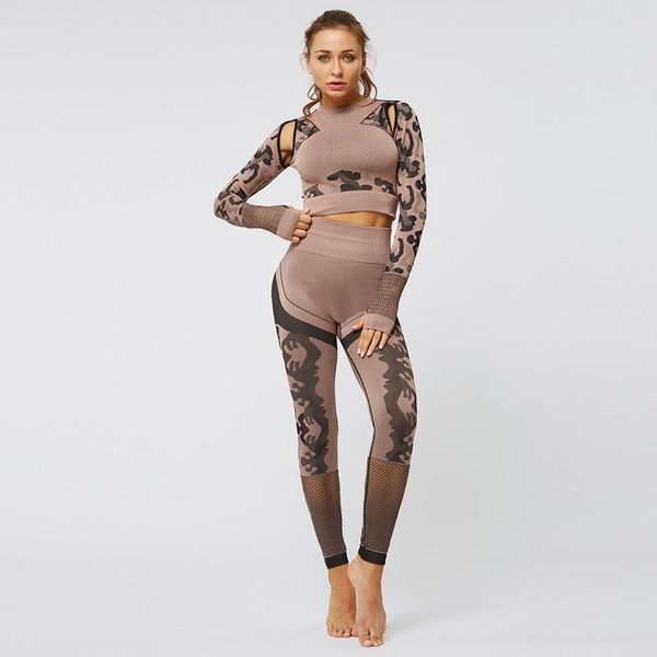 

camo leggings set fitness clothing for women sport suits long sleeve yoga sets suit sports seamless jogging two pieces women's, White;red