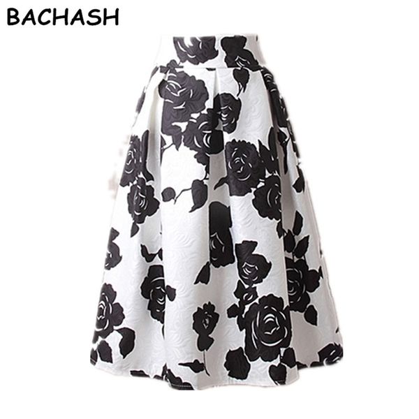 

bachash women peach floral print elastic high waist pleated long midi skater skirt in stock spring new summer s-xl 6008# 210311, Black