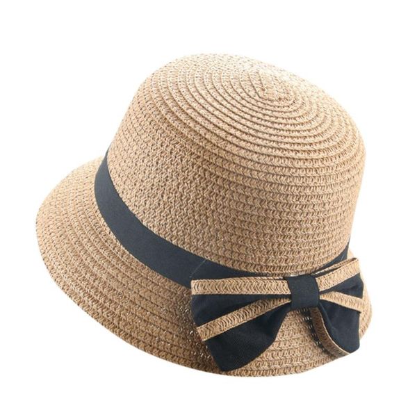 

child girls straw hat bowknot sun kids baby large brim beach summer butterfly bow boater round flat casquette caps & hats, Yellow