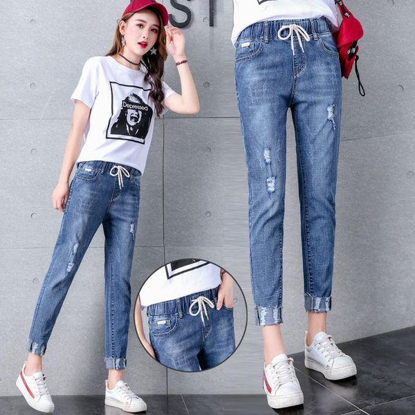 

women's jeans women drawstring denim long pants ripped broken holesslim fit feminino skinny pockets casual full length harem d167, Blue