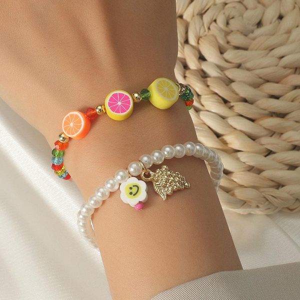 

link, chain vintage soft clay fruit bracelet for women imitation pearl beaded weave geometric multilayer girl sweet fashion jewelry, Black